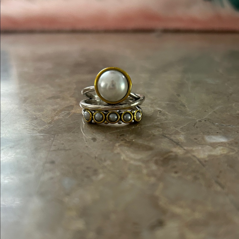 Pearl Accent Silver and Gold Stackable Ring - Women Jewelry